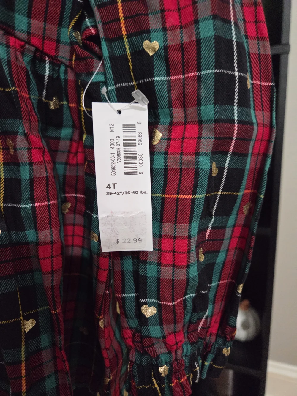 Old Navy Red and Green Plaid Long-Sleeve Top with Gold Dots